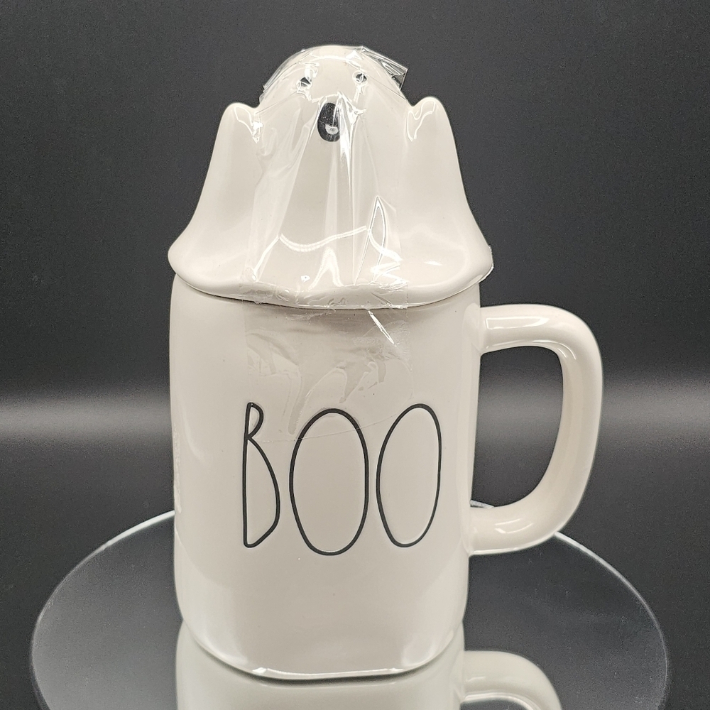 Rae Dunn "BOO" mug with a ghost topper